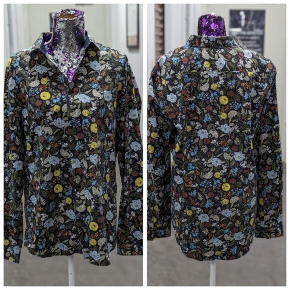 H & M Men's Large Black with Floral Print Slim Fit Button Front Shirt - Picture 1 of 7